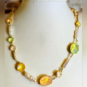 Mango Mint Crystal And Pearls In Classic Rae Gold Plated Necklace